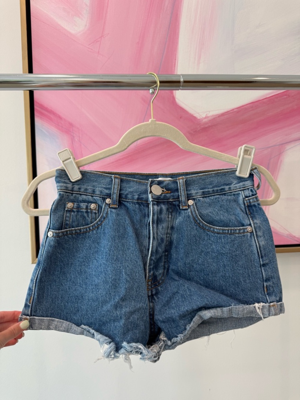 Superdown Medium Blue Rolled Hem Denim Shorts, size 25